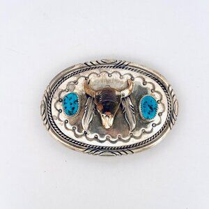 Tommy Moore Sterling Silver & 12K GF Belt Buckle Turquoise & Bull Head Design